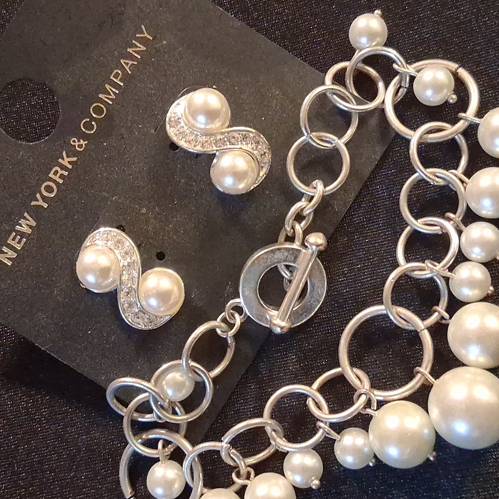 New York & Company Silver, Pearl With Crystal Earrings & Bracelet